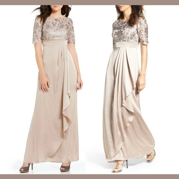 NEW Adrianna Papell Floral Sequin Embroidered‎ Gown in Light Mink [SZ 4 ] - Picture 4 of 13